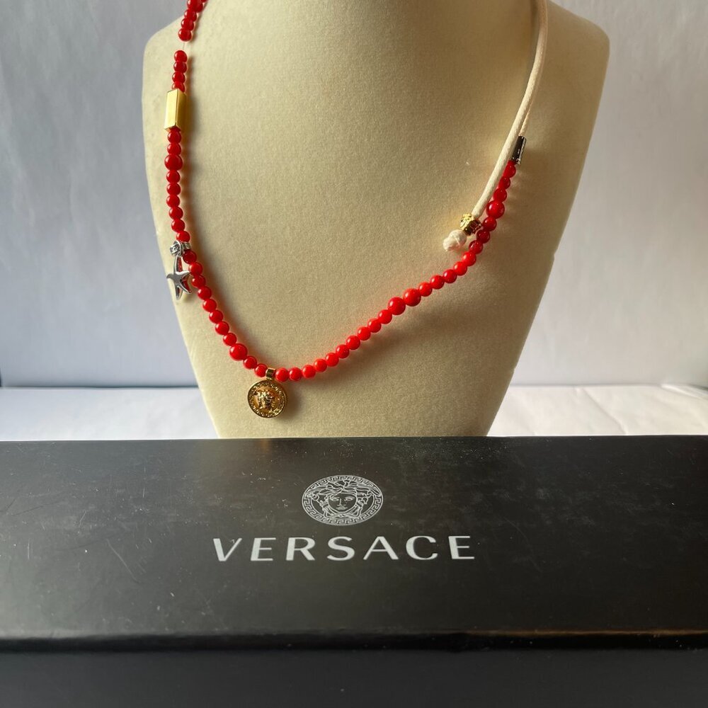 VERSACE Red Bead Logo Charm Necklace - NWOT